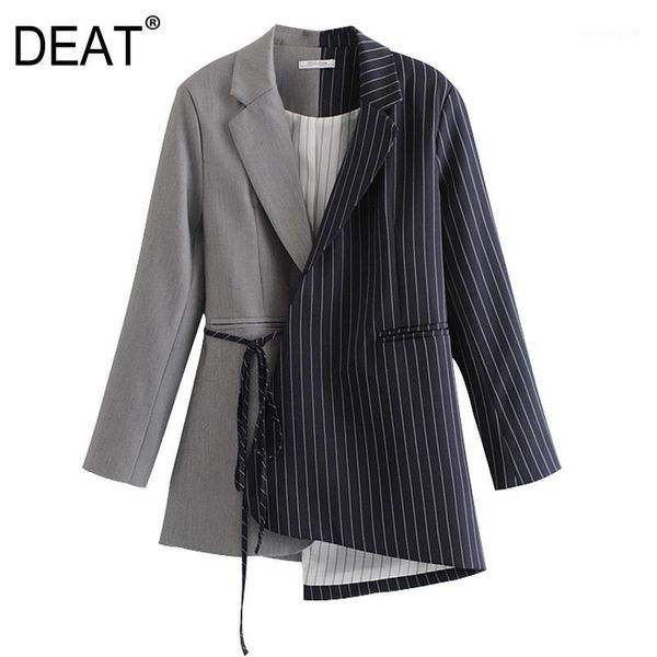 

women's suits & blazers [deat] 2021 casual blazer coat women's outerwear lacing with blet striped patchwork full sleeve lapel autu, White;black