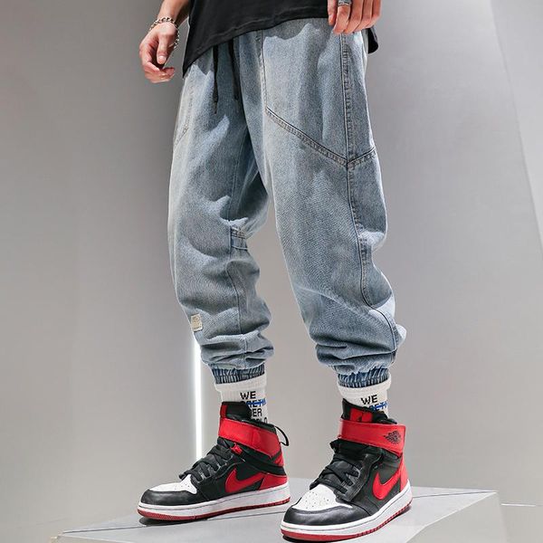 

men's jeans high street fashion men loose fit light blue casual denim cargo pants spliced designer hip hop joggers wide leg trousers