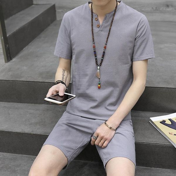 

summer men's shorts sets clothing two piece tracksuit set t shirt men pants linen casual sportwear flax suit leisure two paper1, Gray