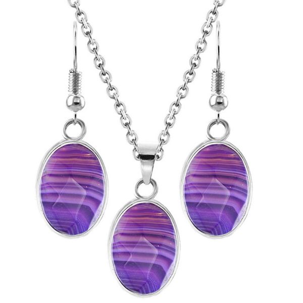 

10 set oval and water drop stripe purple agate pendant drop earrings for women opalite opal silver plated jewelry set