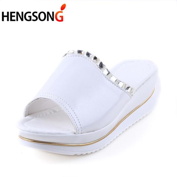

slippers summer platform women pu leather sandals slides shoes wedges with crystal, Black