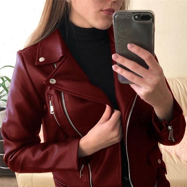 

2021 fashion pu leather female solid jacket streetwear punk style womens long sleeve turn down collar zipper short jacket 2, Black