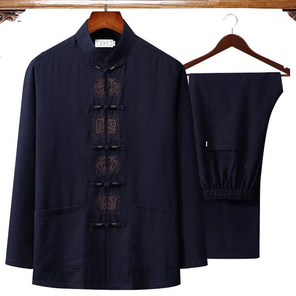 

autumn embroidery chinese men's cotton linen wu shu clothing long sleeve shirt & long pant tai chi suit large size 4xl1, Gray