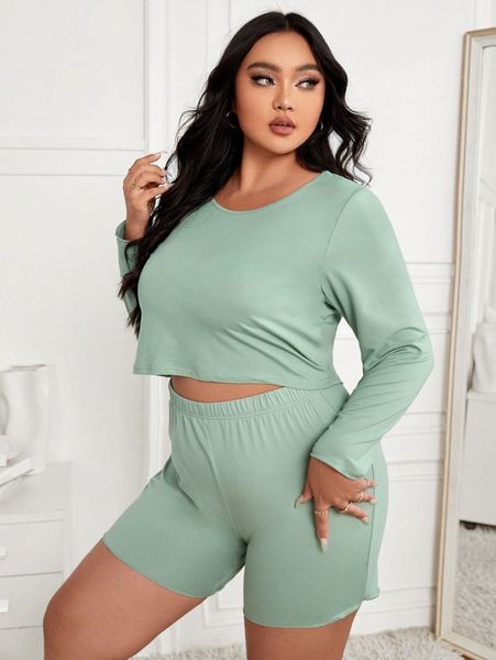 

plus solid elastic waist pj set 51wr#, Black;white