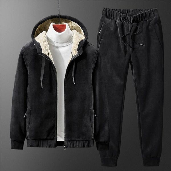 

mens winter thick suit fur inside clothes hooded streetwear outfit male two pieces hooded and pants set solid color tracksuit, Gray