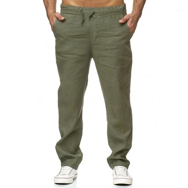 

men's autumn long trousers linen cotton casual loose pants solid color casual elastic drawstring straight pants soft clothes1, Black