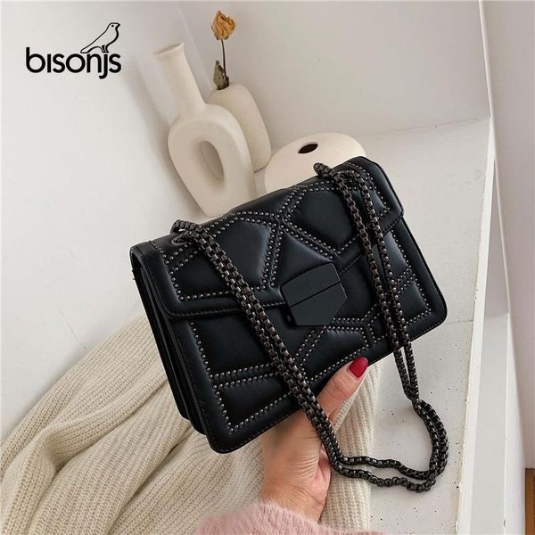 

bisonjs rivet chain brand designer pu leather crossbody bag for women 2020 simple fashion shoulder bag lady luxury small handbag