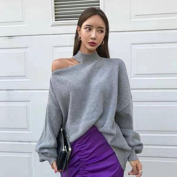 

korean off shoulder sweater women pullover autumn winter solid casual loose plus size knitted sweaters jumper my2201, White;black