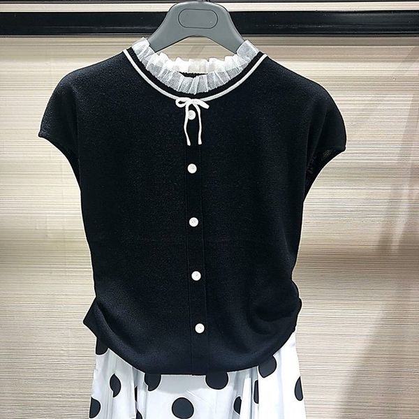 

professional amashite counter 2020 summer new bow splicing stand collar short sleeve t-shirt ice knitting butterfly silk t-shirt silk den8k, White