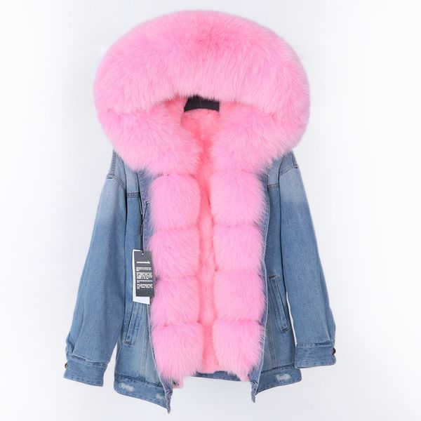 

royal 2021 new coat large natural fox winter fur lining rabbit skin detachable jacket jeans tb70, Black