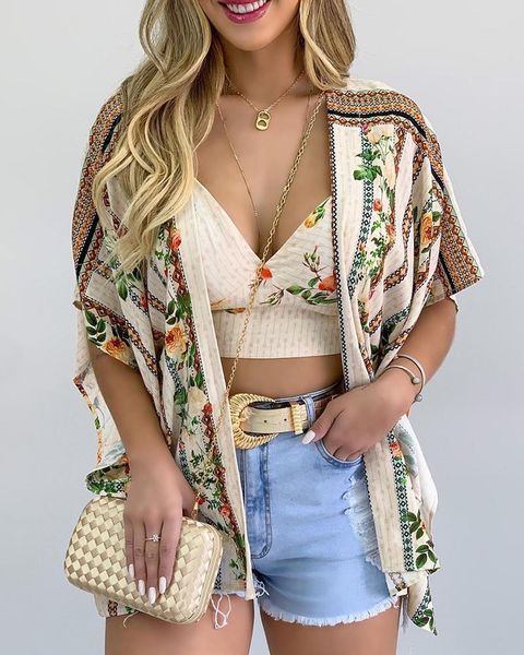 

2 piece sets womens outfits 2020 summer print coat, Gray