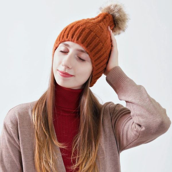 

depony thick female baby hat winter fur ball parent-child knitted hat fur pom poms beanies cap, Blue;gray