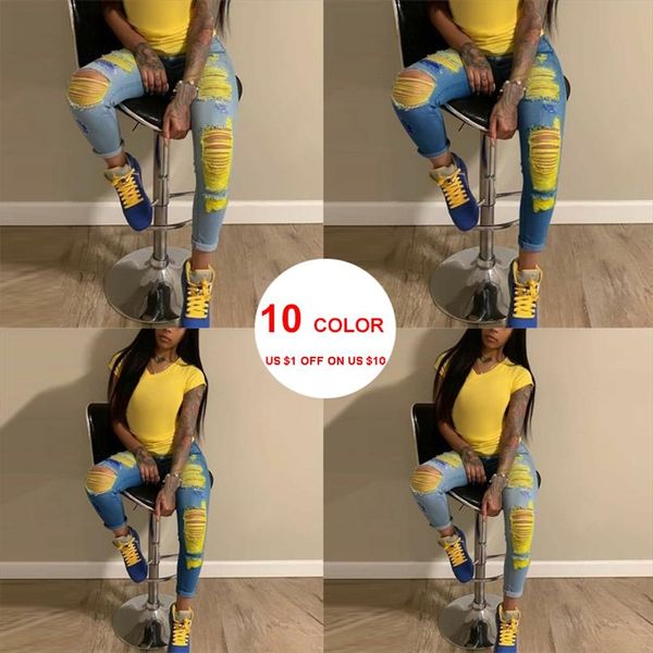 

woman jeans candy clothes jeans hole skinny stretch denim cuffs oversize short pullover v neck femme low light, Blue
