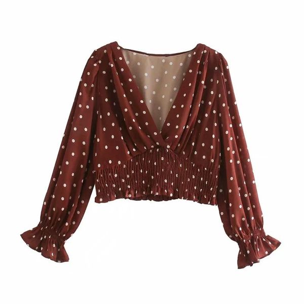 

women polka dot printing satin short shirt casual femme v-neck puff sleeve blouse fashion lady loose blusas s8139, White