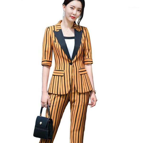 

fashion yellow white stripe women pant suit for summer spring two piece set size s-5xl half sleeve blazer with pant1, White;black