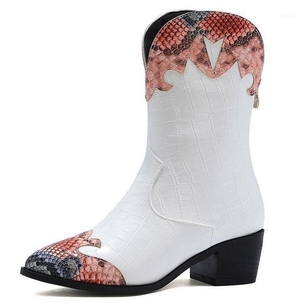 

lady boots snake print round toe brand women's shoes med fashion low mid calf rubber large size cowboy solid fabric1, Black