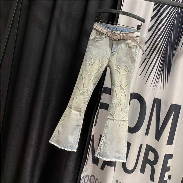 

fashion elasticity jeans pants women's 2020 spring new beaded flare pants girls ladies retro ripped denim trousers for women1, Blue