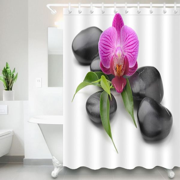 

водонепроницаемый спа белый душевой занавес цветок полиэстер ткань бамбука листья черный камень ванная комната для ванной комнаты для ванны
