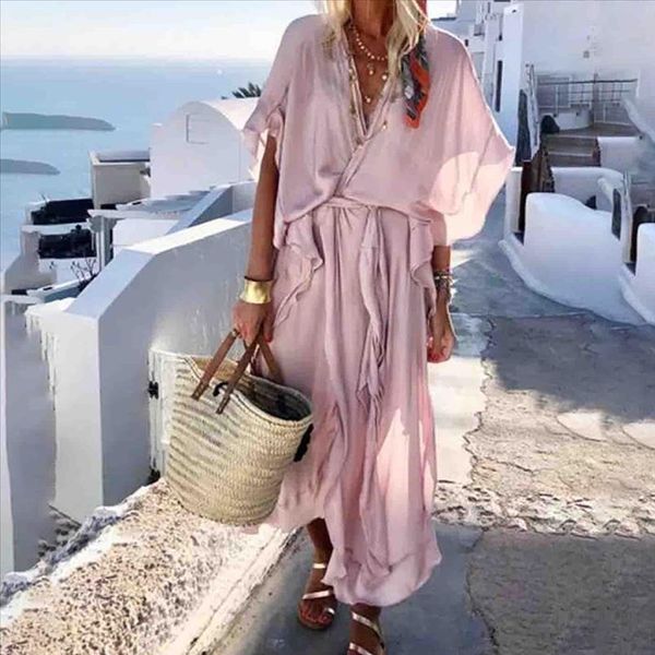 

boho стиль длинное платье женщины с коротким рукавом свободные платья ruffled пляжное vintage шифон pink maxi summer, Black;gray
