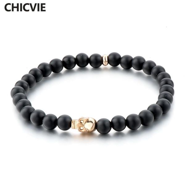 

charm bracelets chicvie 6mm beads black natural stone skull charms for men women vintage jewelry making bracelet sbr160127, Golden;silver
