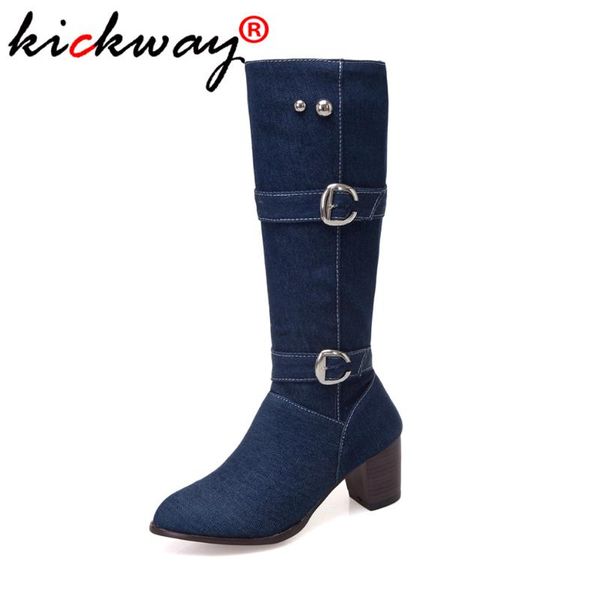 

women mid-calf boots winter cotton fabric square heel boots female zipper jeans shoes totem metal buckle round toe 34-48, Black
