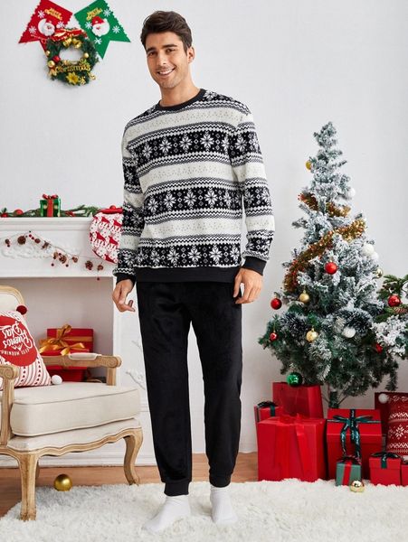 

men chevron & geo pattern flannel pullover & joggers y2sp#, Gray