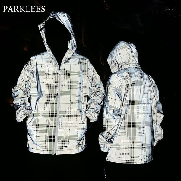 

plaid reflective jacket men/women brand new hooded mens jackets and coats hip hop harajuku fluorescent zipper lovers veste homme1, Black;brown