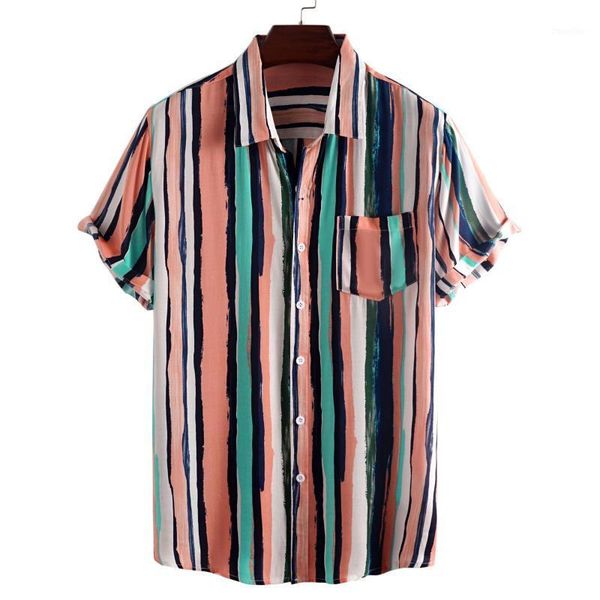 

2020 fashion hawaiian shirt mens graffiti striped printed short sleeve pink shirts men korean clothes1, White;black