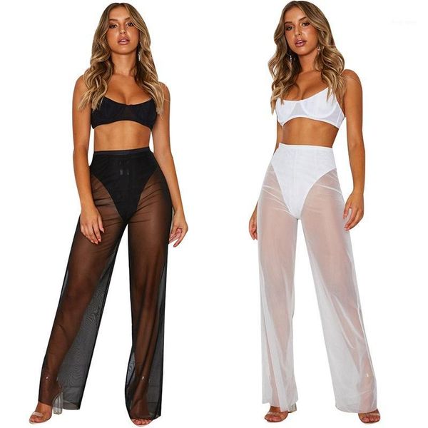 

fashion women mesh hollow out high waisted pants loose trousers1, Black;white