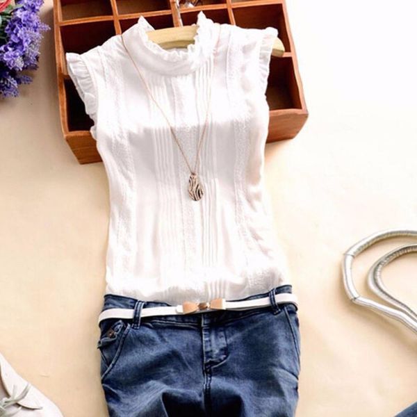 

summer style vogue women ruffle sleeve neck slim fitted shirts casual office lady white blouse tees