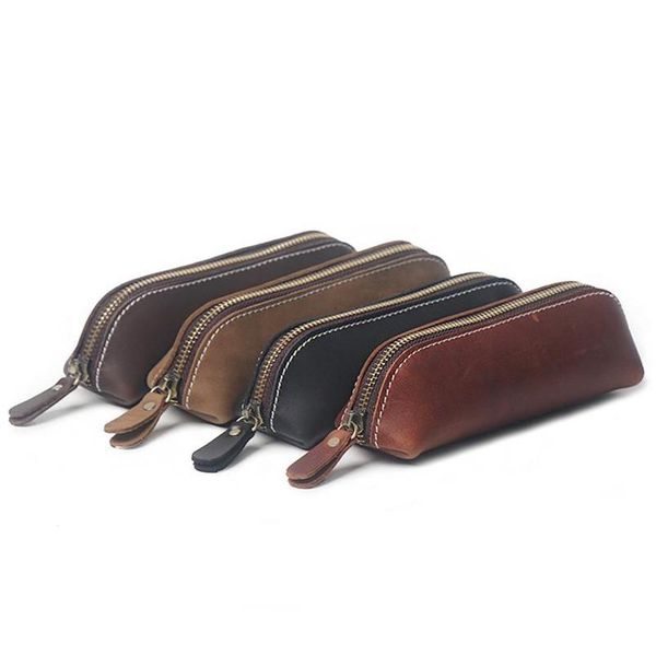 

handmade genuine leather pencil case vintage cowhide zipper pencilcase pen bag office stationery school supplies 7d4gz