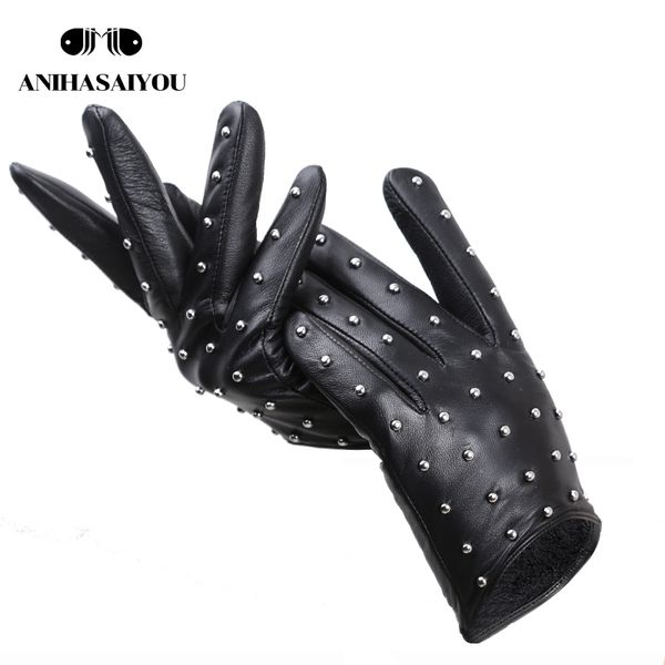 

rivets genuine leather sheepskin women' gloves thin warm women' winter gloves driving motorcycle women' leather gloves-701, Blue;gray