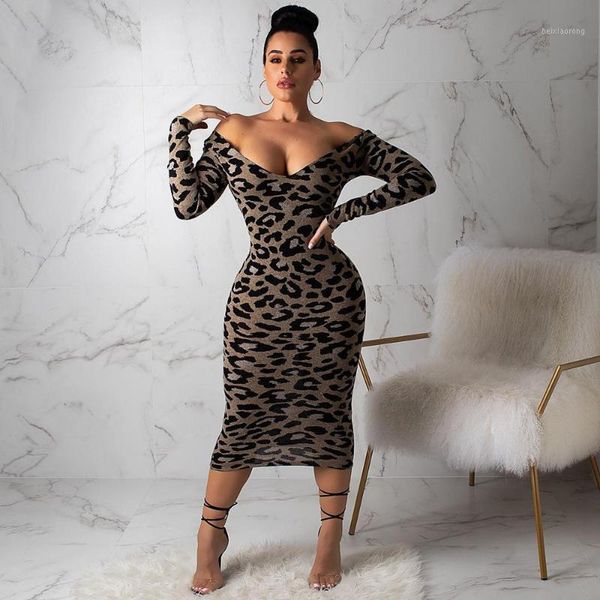 

women spring autumn casual leopard print dress long-sleeved v-neck skinny slim mid-length personality leopard dress1, Black;gray