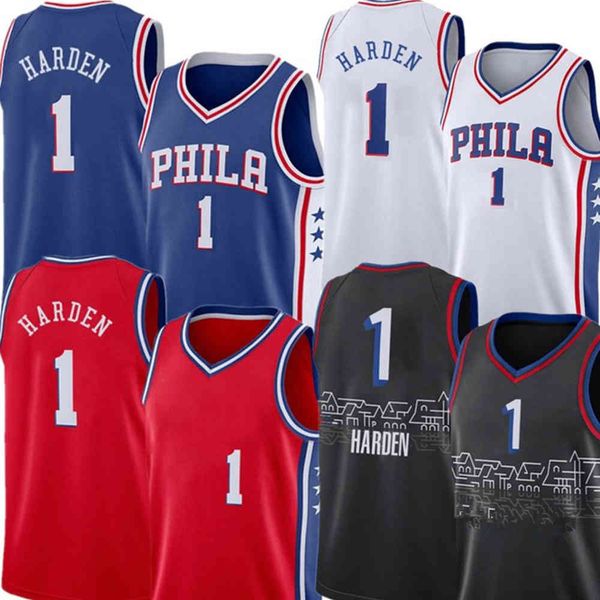 

2022 jame 1 harden s jersey joel 21 embiid basketball jerseys allen 3 iverson men sales embroidery s s m l  xxl blue white red black, Black;red