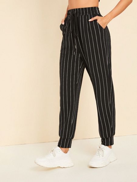 

drawstring waist slant pocket striped carrot pants o5sp#, Black;white