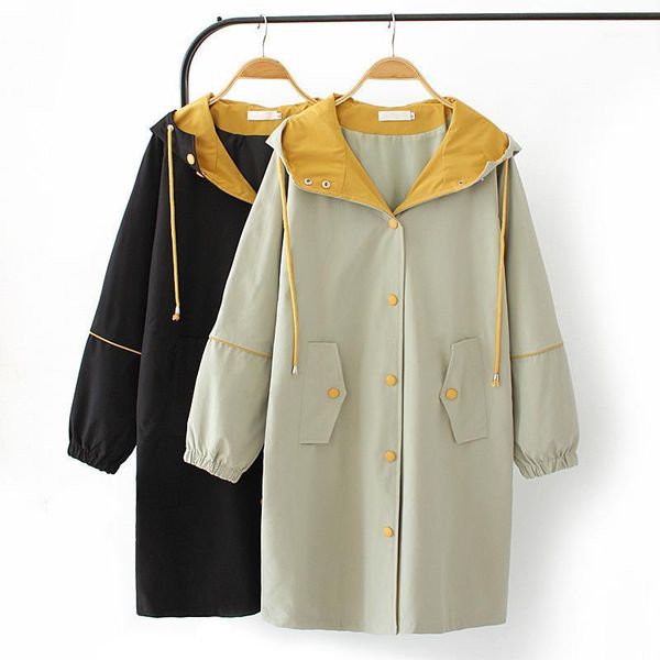 

2020 spring autumn trench coat women new plus size casual ladies mid-long overwear female windbreakers loose hooded coats1, Black