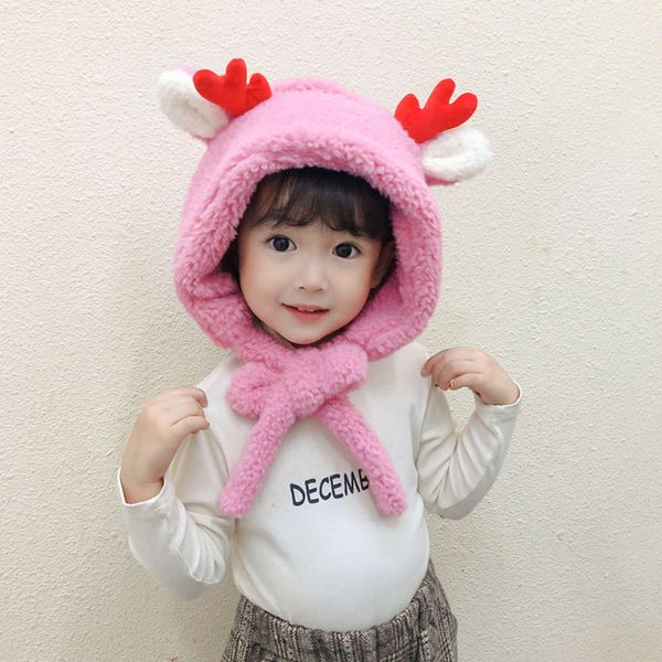 

children's suit autumn warm mask winter scarf new antler boys and girls plush fce lace up hat, Red;brown