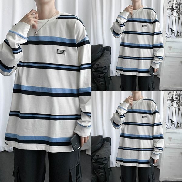

tbswl 2020 autumn black fashion t-shirt sweater white and long-sleeved t-shirt men's loose couple round neck sweater men's striped
