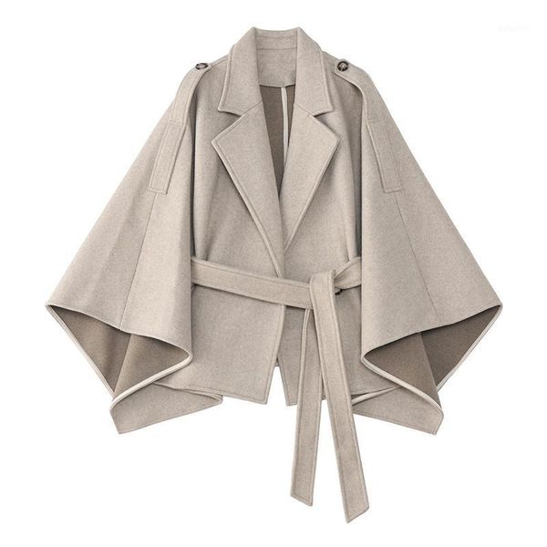 

saliency autumn and winter new fashion bat sleeve cloak lace-up waist was thinner short woolen cape coat for women1, Black