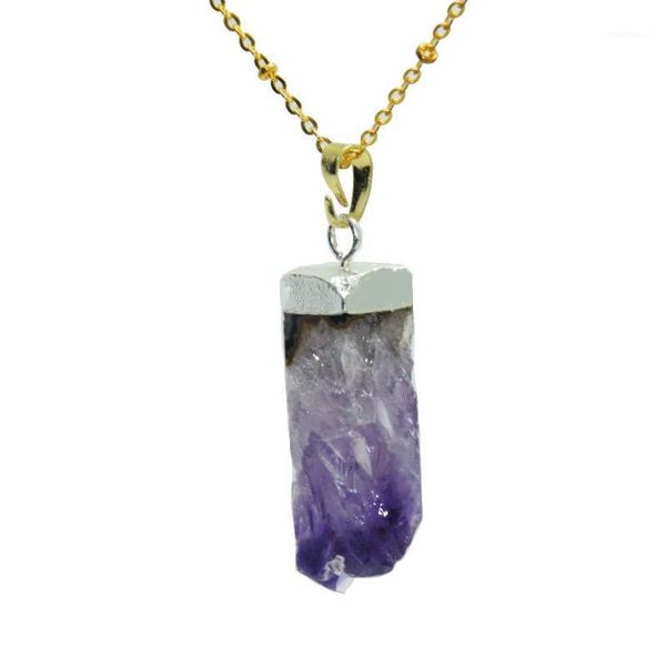 

pendant necklaces natural crystal stone geode druzy chain necklace 2021 women long 4 face column purple amethysts rough stones jewelry1, Silver