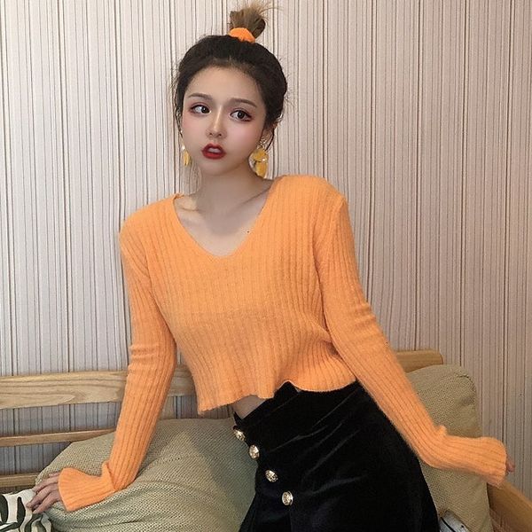 

autumn 2020 new style short v-neck t-shirt slim and versatile long sleeve pullover bottoming for women