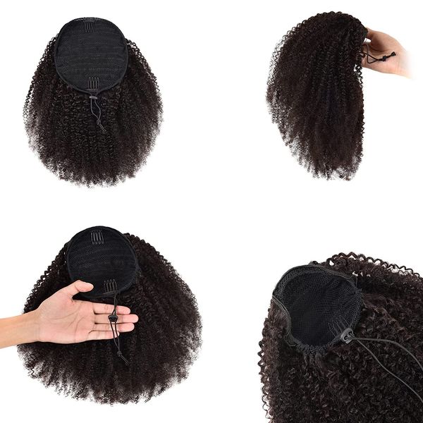 

ponytails 100% human hair afro kinky curly brazilian peruvian malaysian indian 120g per set hair extensions soft bun updo clip-in hairs, Black