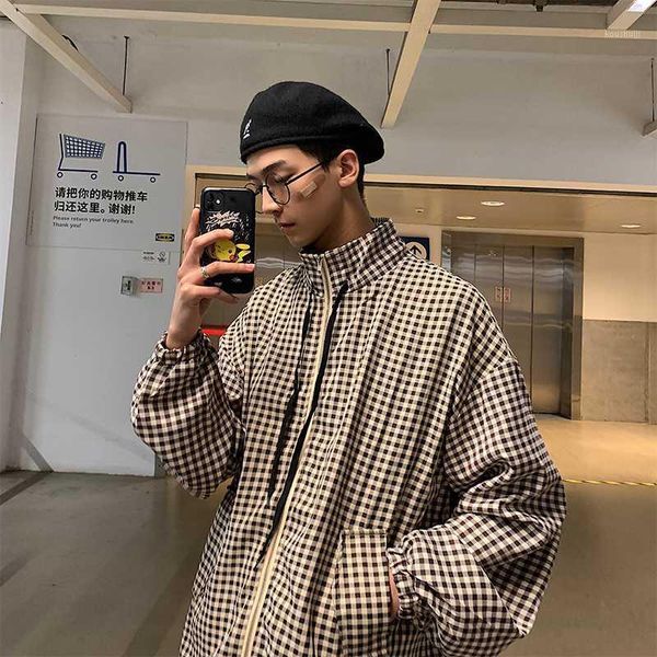 

2020 spring and autumn new men's youth trend wild check loose jacket fashion casual stand collar khaki / white m-xl1, Black;brown