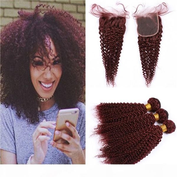 

burgundy red brazilian kinky curly human hair 3bundles with closure 99j wine red curly virgin hair lace closure with weave bundles, Black;brown