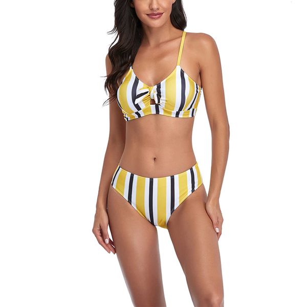 

women's sleeveless swimwear raiow stripe printing bare midriff bikini sets tank briefs two-pieces swimsuit, White;black