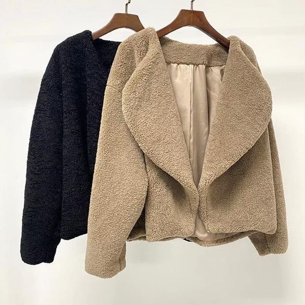 

women's wool & blends women coat long sleeve casual solid wild loose keep warm short coat1, Black