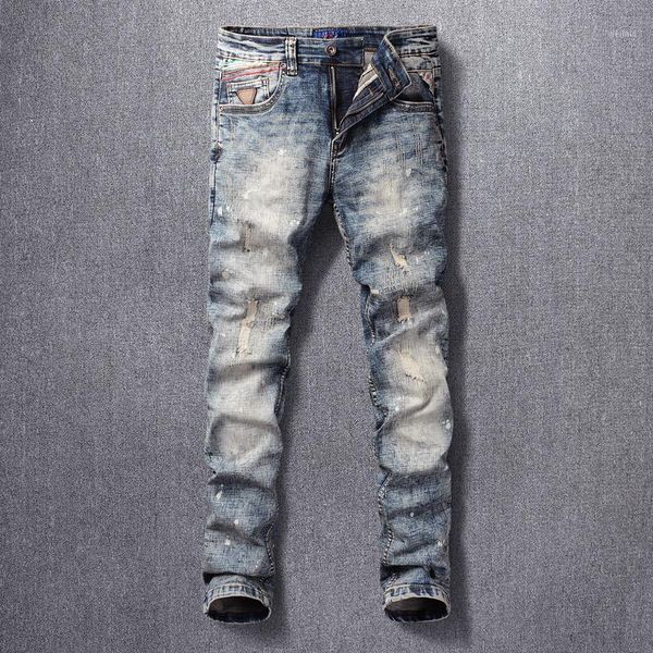 

fashion streetwear men jeans elastic slim fit ripped denim trousers retro blue vintage designer hip hop long pants1