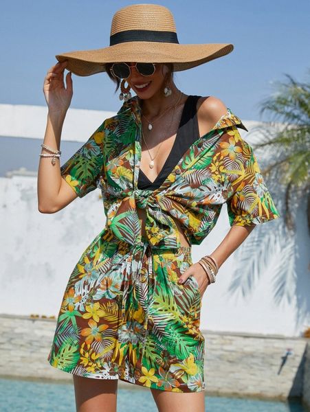 

plunging tank & tropical print blouse & shorts u2gv#, White