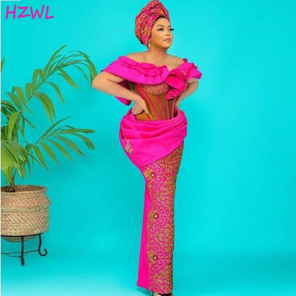 

fuchsia aso ebi african evening gowns plus size ruffles off the shoulder prom dresses mermaid floor length dubai robe de soiree, Black;red