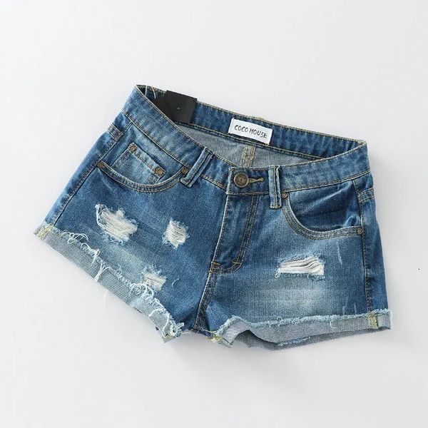 

zec8427 18 new style low waist holed flannel denim shorts, Blue
